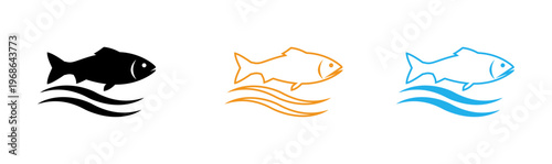 Fish Swimming Icon Set Minimal Line Style Marine Life Water Symbol Collection
