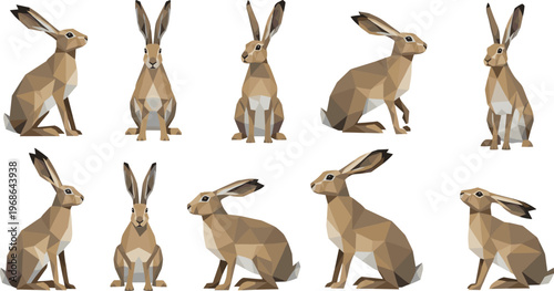 Geometric rabbit polygon collection with low poly design, abstract bunny characters in modern style vector illustration set