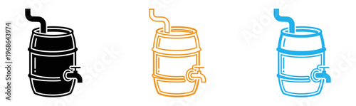 Colorful beer keg icons in black, Orange, And blue on white background for pub, Brewery, Or party themes