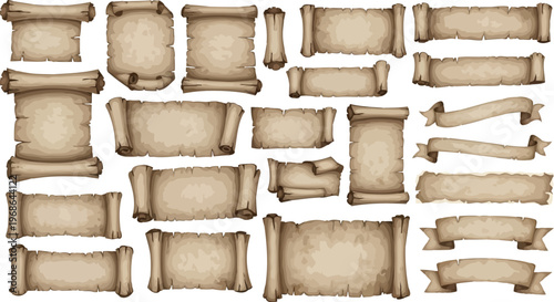 Realistic aged papyrus rolls and vintage manuscript textured designs