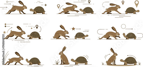 Rabbit and turtle race illustration collection with motion scenes, classic fable concept and wildlife animals vector design set