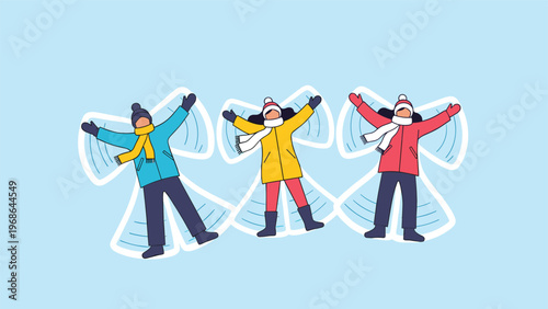 Happy children wearing warm winter gear and colorful coats creating snow angels on a light blue frozen ground with frosty detail.
