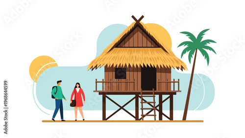 Couple of tourists with backpacks visiting a traditional tropical bungalow on stilts with a thatched roof and a tall palm tree.