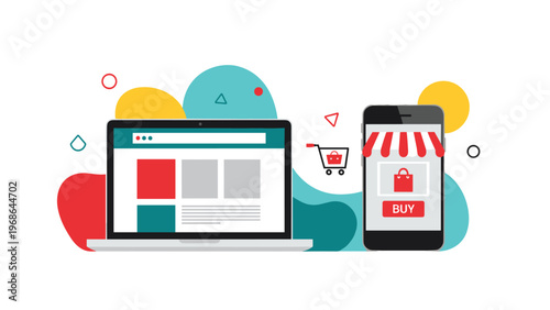 Concept of online shopping with a laptop and smartphone displaying a retail website with products, cart, and buy button.