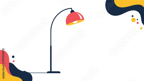 Modern floor lamp with a red metal shade and a curved black stand placed against a decorative abstract background.