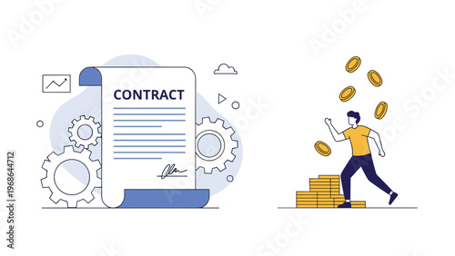 Business concept with a signed contract document, interlocking gears, and a businessman running toward money with falling coins.