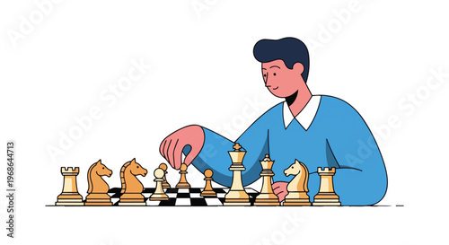 Young man playing chess game, flat vector illustration