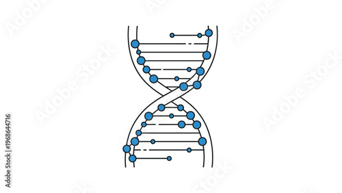 Scientific illustration of a blue DNA double helix structure with circular nodes representing genetic information.