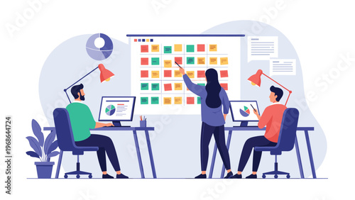 Creative business team collaborating in a modern office with a large wall board covered in colorful sticky notes.