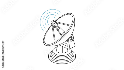 Technical line art drawing of a large parabolic satellite dish antenna for communication and space research projects.
