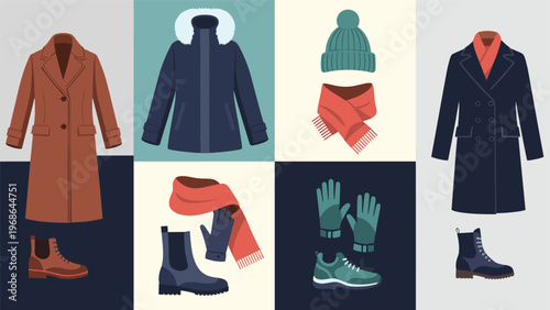 Stylish winter clothing collection features various warm coats, leather boots, knitted hats, and colorful scarves for cold weather fashion.