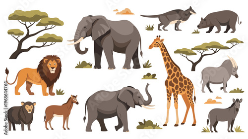 African savanna wildlife collection showcases majestic animals like lions, elephants, giraffes, and zebras in their grassland habitat.