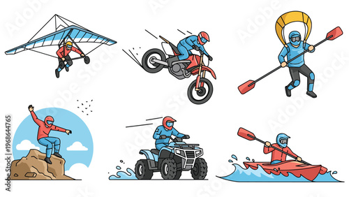 Extreme sports collection features athletes performing hang gliding, motocross, kayaking, rock climbing, and riding off-road vehicles.