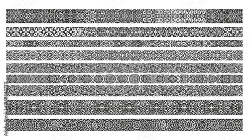Vintage ornamental borders in black and white display intricate floral patterns and ethnic decorative designs for creative projects.