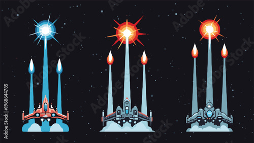 Pixel art spaceships launching into deep space with bright fire trails and cosmic energy bursts for vintage arcade game concepts.