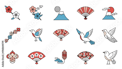Japanese cultural elements set includes traditional icons such as cherry blossoms, Mount Fuji, folding fans, and flying birds.