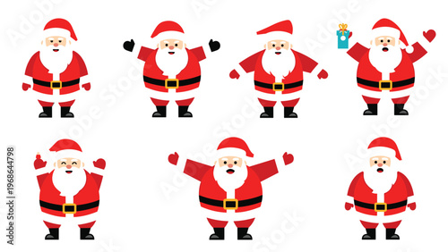 Adorable Santa Claus characters in various cheerful poses with Christmas gifts and waving hands celebrate the festive holiday season.