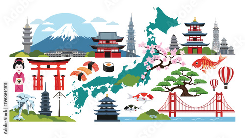 Detailed map of Japan features iconic landmarks like Mount Fuji, traditional pagodas, sushi, torii gates, and cherry blossoms.