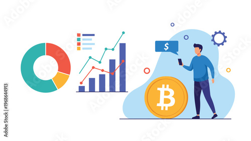 Man using a mobile application to track cryptocurrency trends and analyze financial data with pie charts and growth graphs.