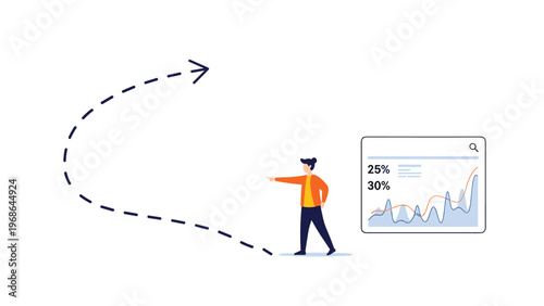 Business professional pointing towards a positive growth trajectory on a data dashboard represents successful goal achievement.