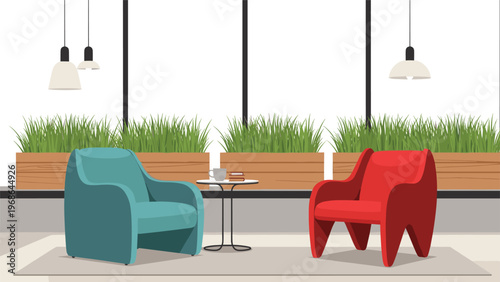 Modern interior design for a lounge or office waiting area features stylish colorful armchairs, green plants, and pendant lights.