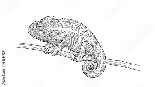 Artistic black and white engraving of a chameleon resting on a branch showcases fine detailed line work and reptile textures.