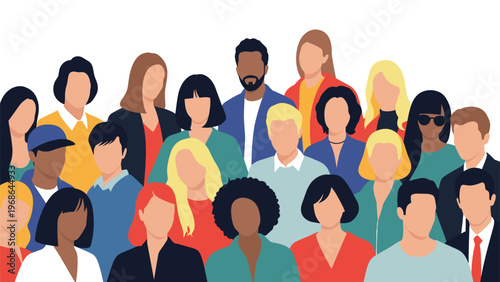 Diverse group of professional people avatars in flat design style represents global community, teamwork, and social inclusion.