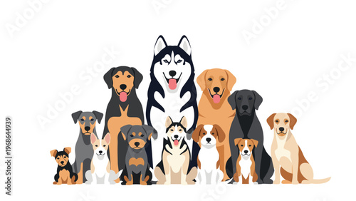 Large group of diverse dog breeds sitting together in a row shows friendly pets including husky, retriever, and companion dogs.