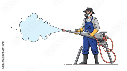 Pest control worker in protective blue coveralls and a respirator mask sprays chemical treatment for garden disinfection.