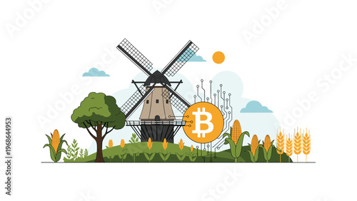 Sustainable energy production represented by a classic windmill and cryptocurrency bitcoin icon standing in a lush green agricultural field.