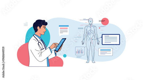 Medical doctor using a digital tablet to analyze a holographic human body diagram for healthcare diagnostic and medical research purposes.