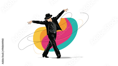 Dynamic illustration of a male dancer in a black suit and hat performing a pose with vibrant colorful fluid shapes in the background.