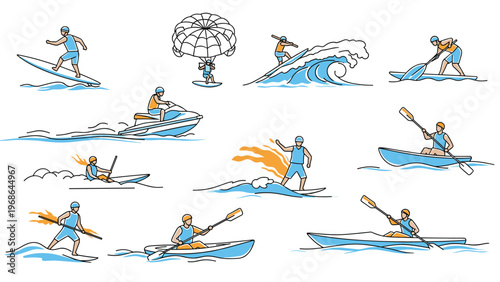 Comprehensive collection of hand drawn style icons depicting various water sports like surfing kayaking parasailing and jet skiing on waves.