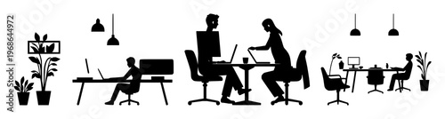 Co-working space icon set with solid black icon on white background featuring workspace, collaboration, office environment with black and white and simple minimal style