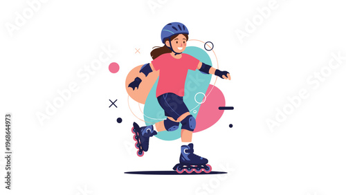 Young girl wearing protective gear and helmet enjoys rollerblading outdoors with abstract colorful shapes and patterns in the background.