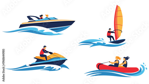 Set of four different motorized and wind powered water activities including a speed boat windsurfing jet ski and banana boat ride.
