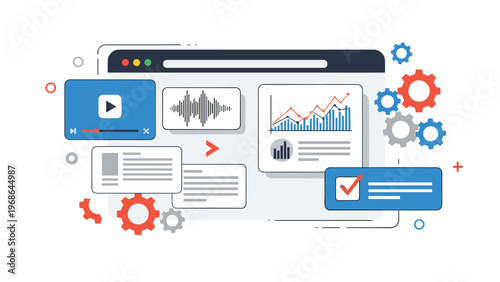 Web design and digital marketing concept showing a browser window surrounded by multimedia icons video audio charts and mechanical gears.