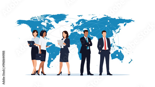 Group of professional business men and women standing together in front of a blue world map with global connection network lines.