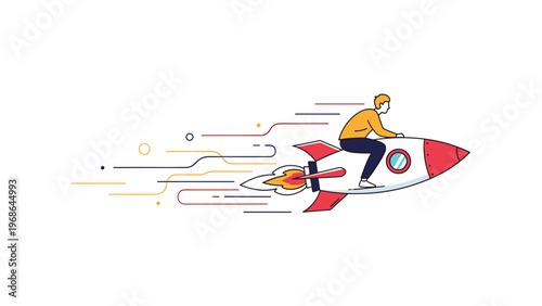 Concept of fast business growth or startup success showing a man in casual clothing riding a flying rocket with speed lines.