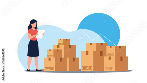 Young woman in a red shirt and black skirt holding a clipboard while organizing stacks of cardboard boxes in a warehouse setting.