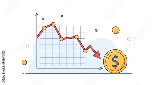 Financial chart showing a downward trend in stock market value ending at a large gold dollar coin to represent economic loss.