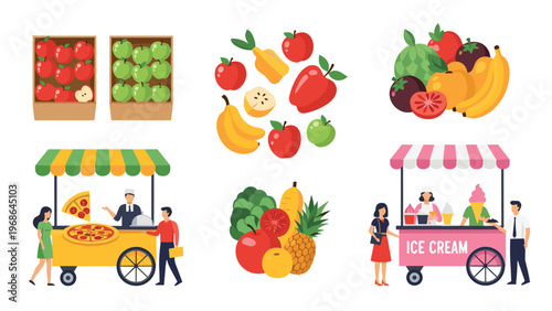 Set of various food illustrations including fruit stalls ice cream carts pizza stands and collections of fresh healthy fruits.