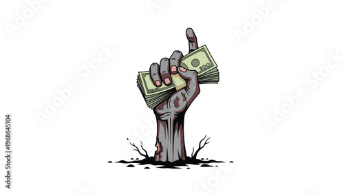 Spooky illustration of a decaying zombie hand rising from the ground and clutching a large stack of one hundred dollar bills.