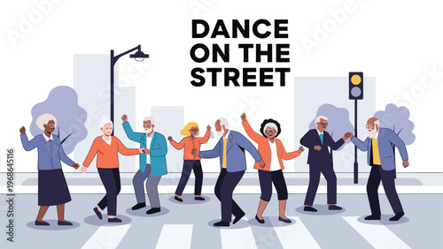 Group of active senior citizens having fun and dancing together on a city street crossing with buildings and trees in background.