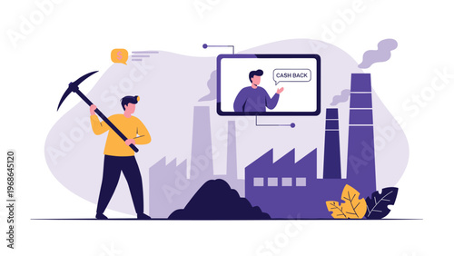 Hardworking miner holds a pickaxe in front of an industrial factory background while a screen displays a digital cashback reward message.