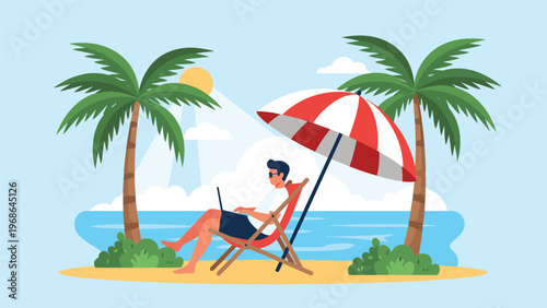 Young man works remotely on his laptop while relaxing on a beach chair under a red and white umbrella next to tropical palm trees.