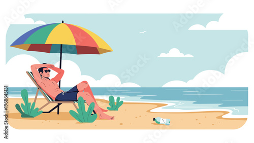 Shirtless man wearing sunglasses relaxes on a deck chair under a colorful beach umbrella while enjoying a sunny day at the seaside coast.