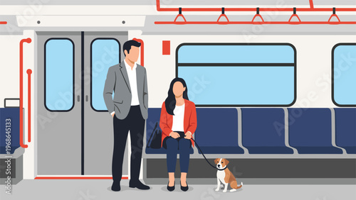 Business man stands while a woman sits with her small dog on a leash inside a clean and modern public transportation subway car.