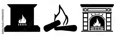 Fireplace icon set with solid black line illustration on white background featuring fire, stove, hearth with cozy and modern