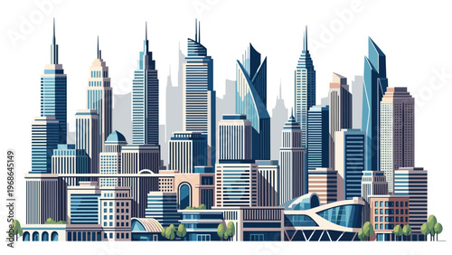 Elaborate skyline of a modern metropolitan city featuring numerous skyscrapers and office buildings in a flat vector illustration style.